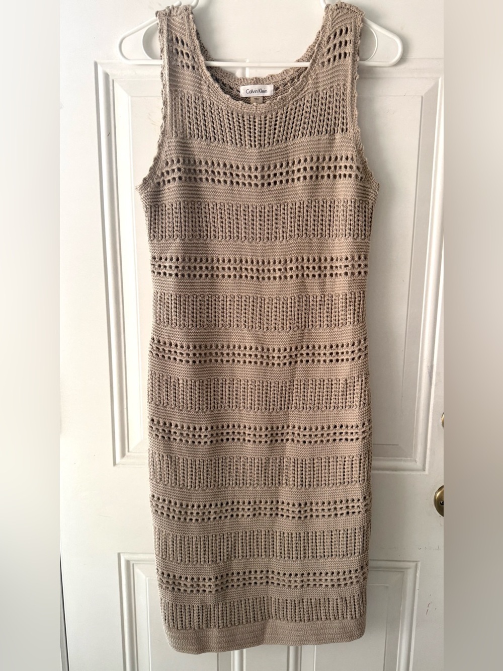 Calvin Klein Tan Crochet Open Knit Sleeveless Sheath Dress Small